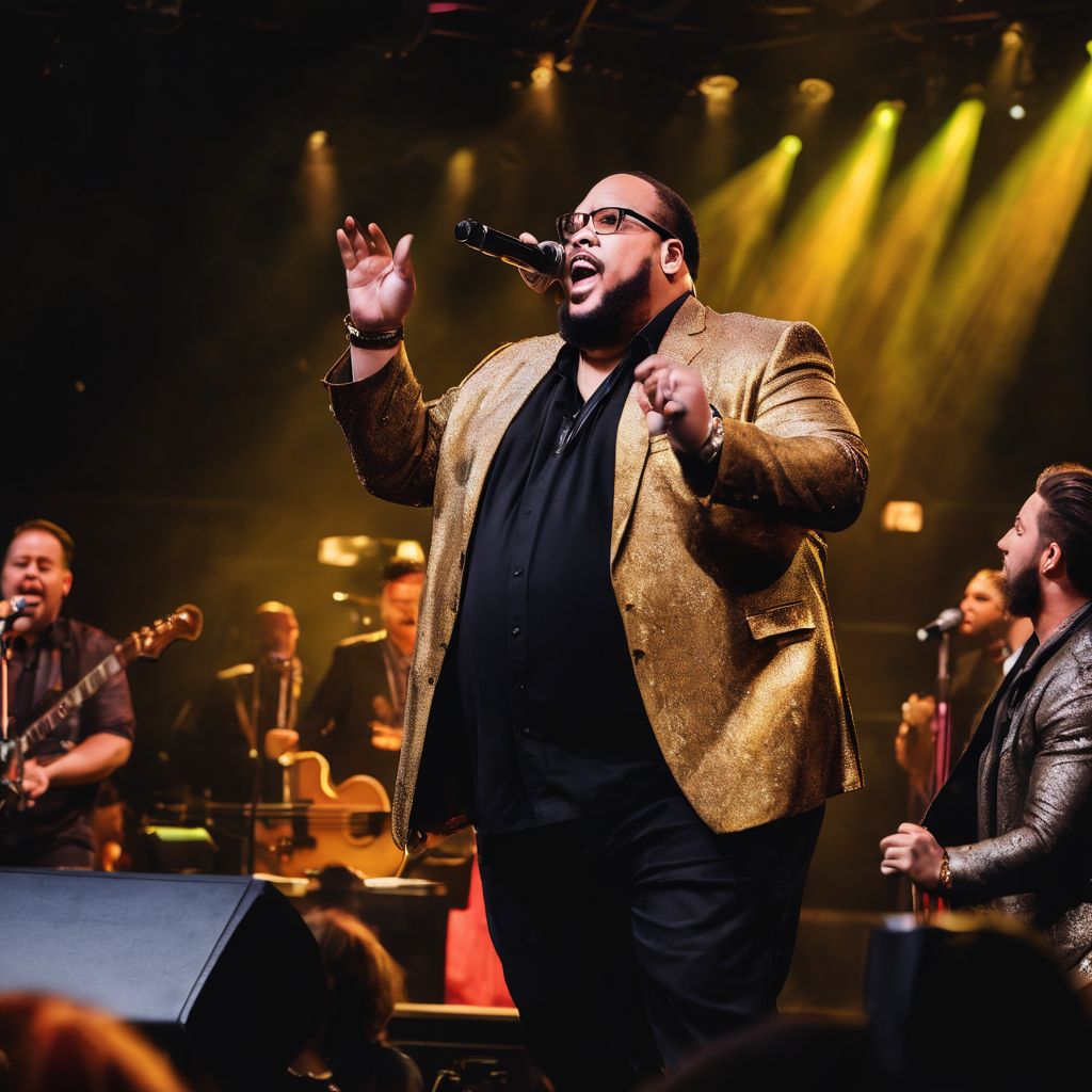 Fred Hammond performing in front of an excited, diverse crowd at a concert.