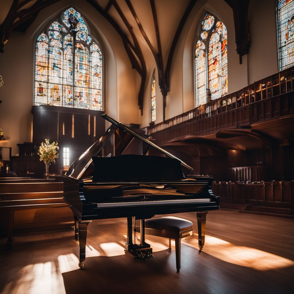 An interior photo of a sun-lit church with open doors.