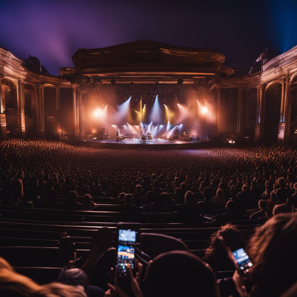 An empty concert stage with a bustling cityscape background and diverse audience.