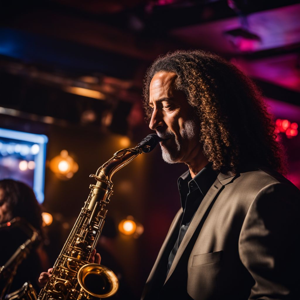 Kenny G performs in a vibrant jazz club with a bustling atmosphere.