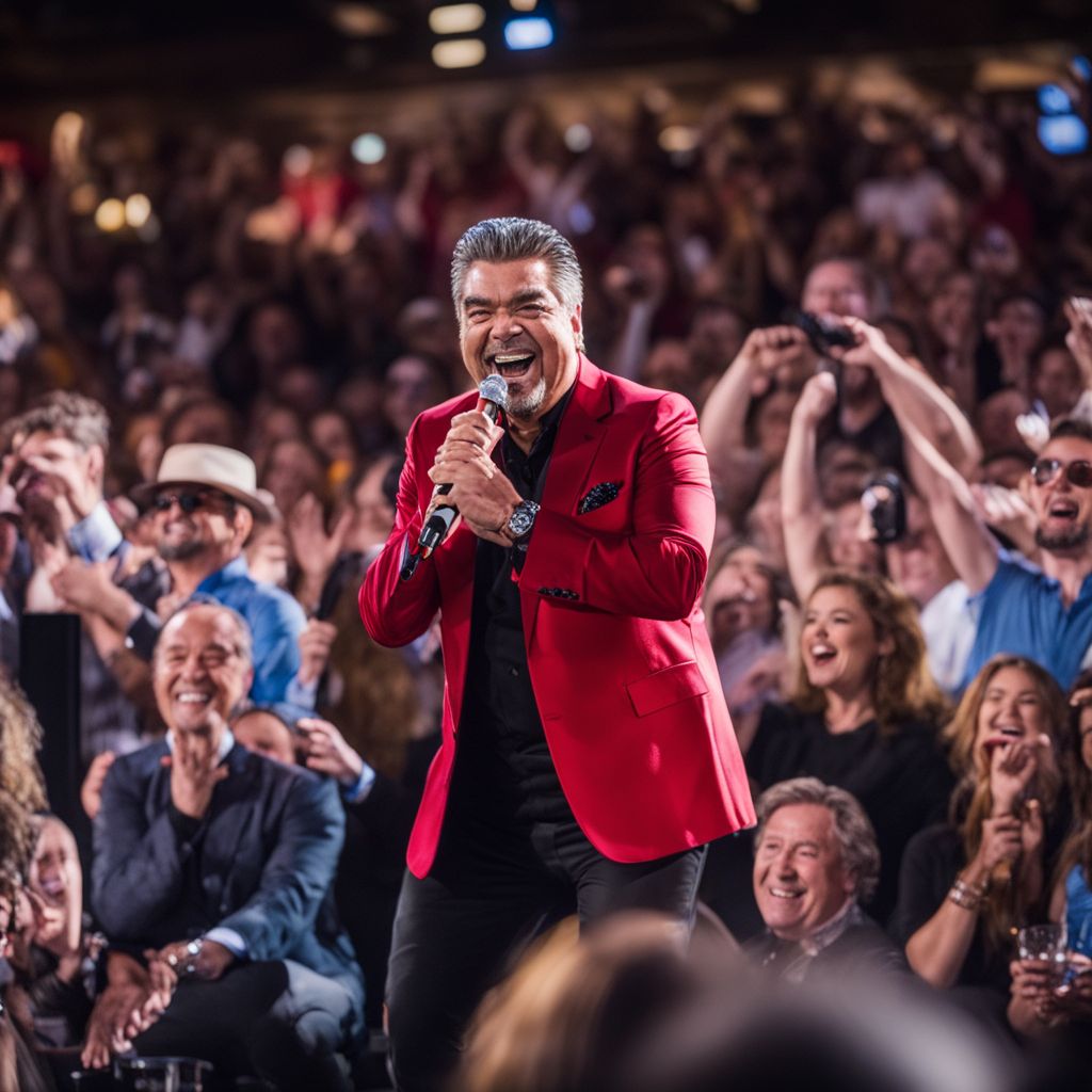 George Lopez performing on stage in front of a lively, diverse audience.