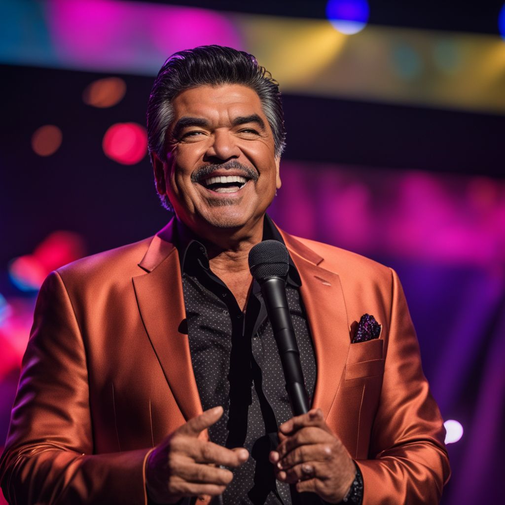 George Lopez commanding attention with humor on stage in cityscape.