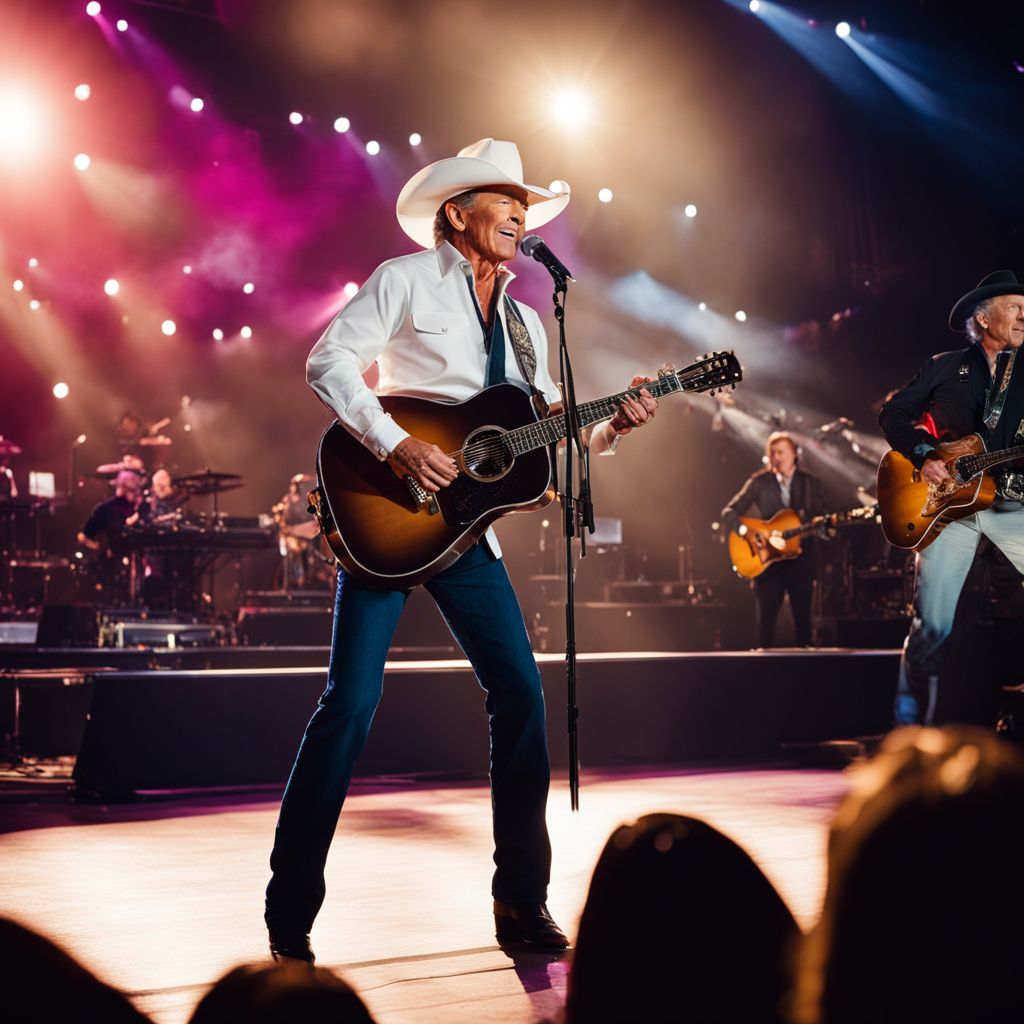 George Strait performing live in front of a cheering crowd.