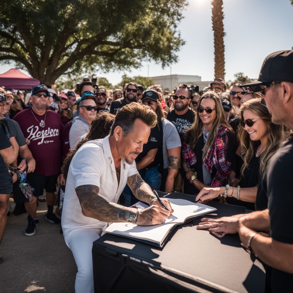 Gary Allan signing autographs for fans outside Aggie Park.