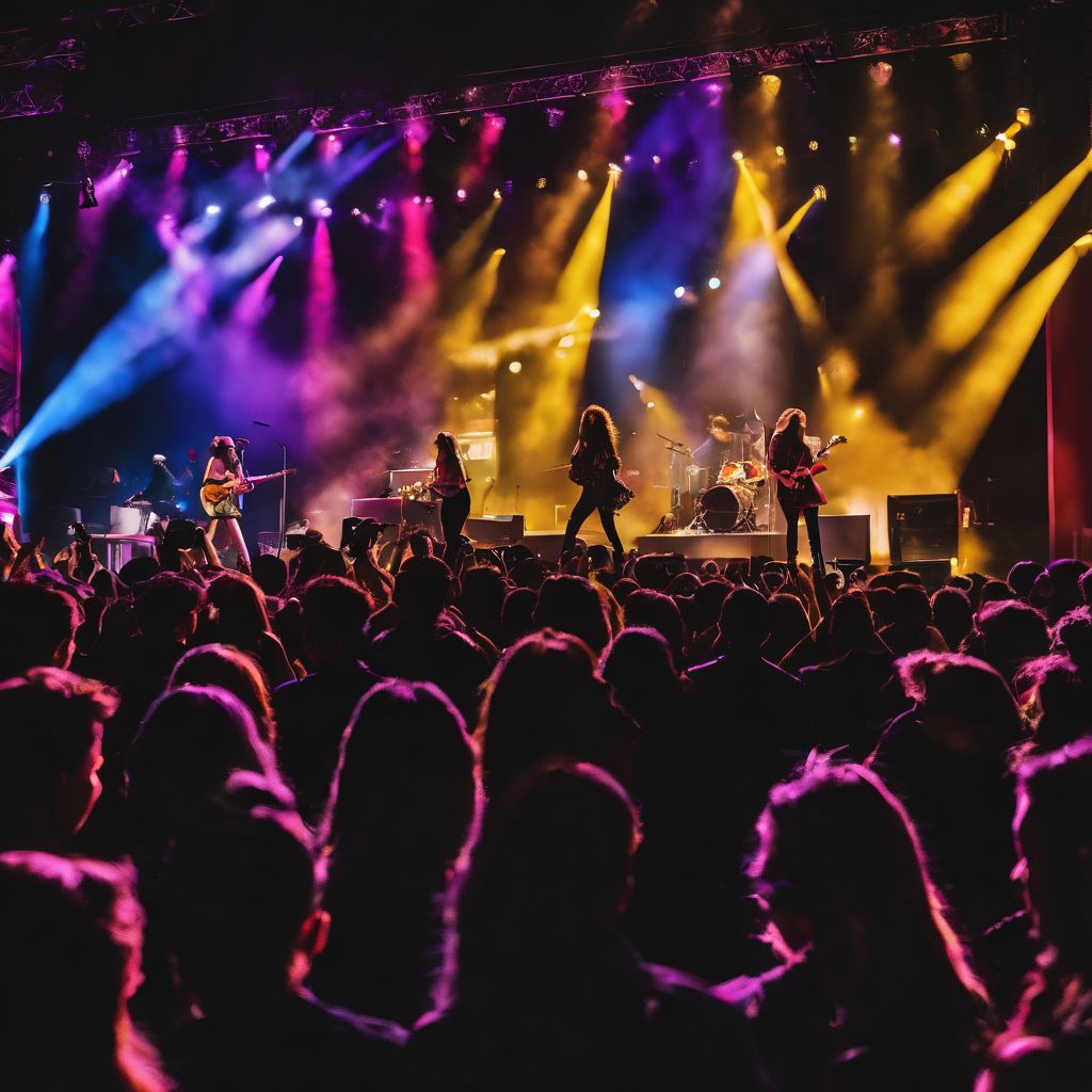 A lively concert stage with diverse performers and a vibrant atmosphere.