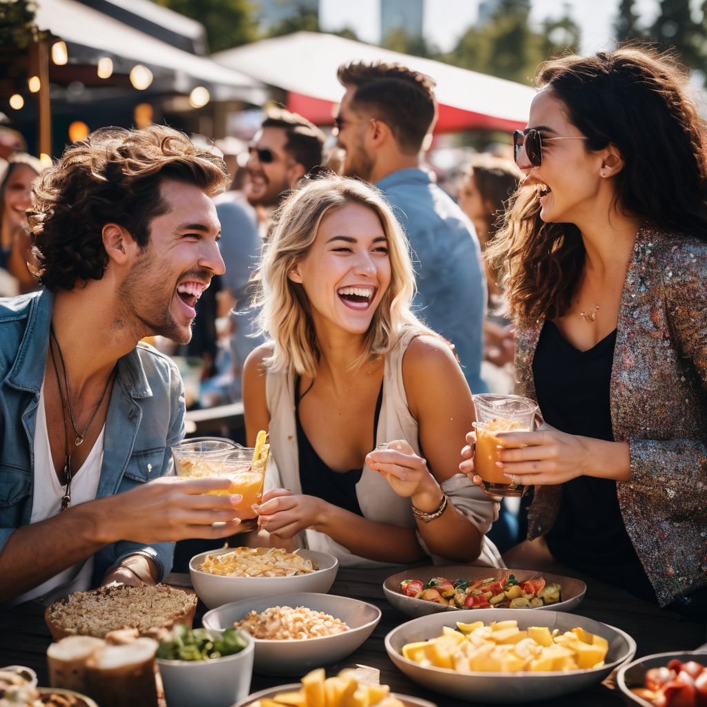 A group of friends enjoying snacks at an outdoor food festival.
