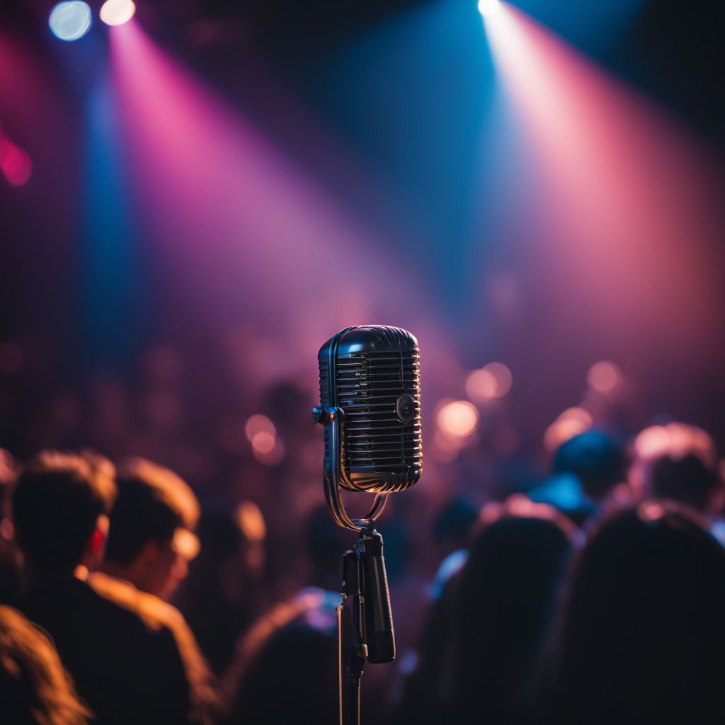 A vintage microphone on a stage with various performers.