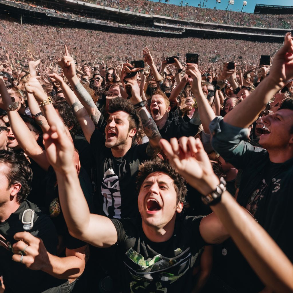 Green Day fans singing along in a packed stadium during a concert.