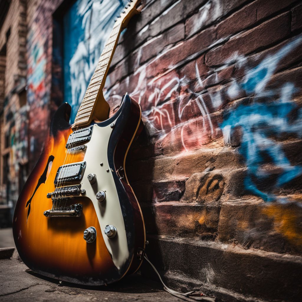 A worn-out electric guitar resting against a graffiti-covered brick wall.