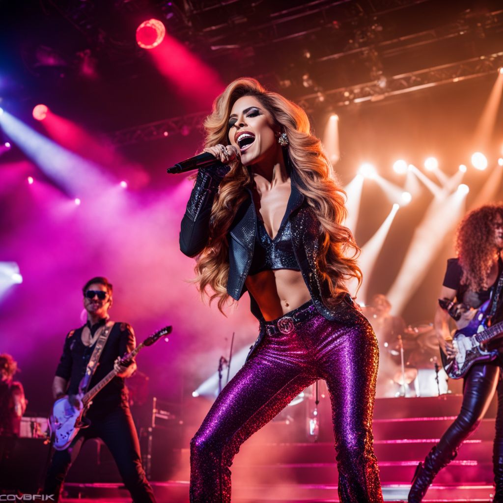 Gloria Trevi performing in a vibrant concert with varied audience.