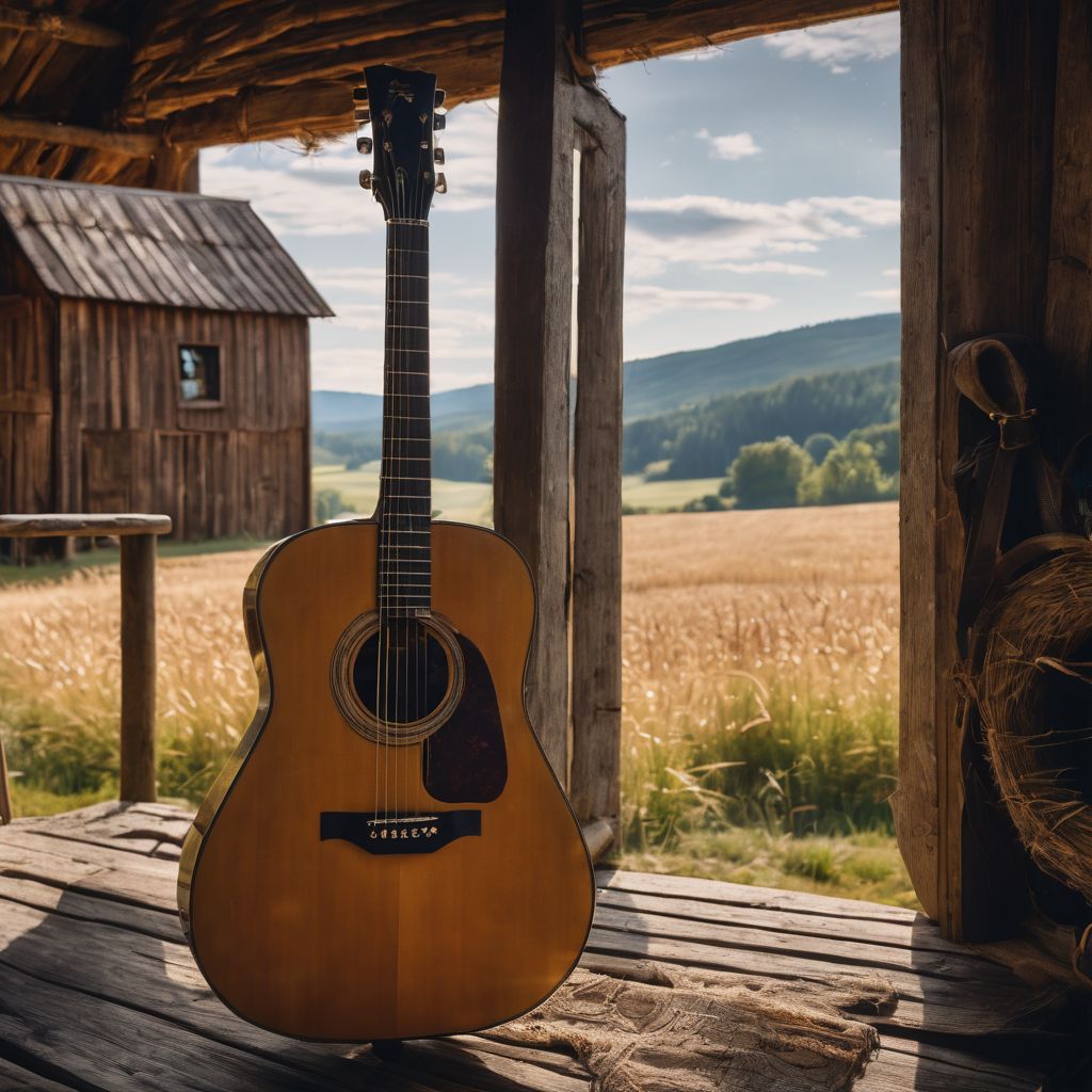 A guitar leaning against a weathered barn in a rural setting.