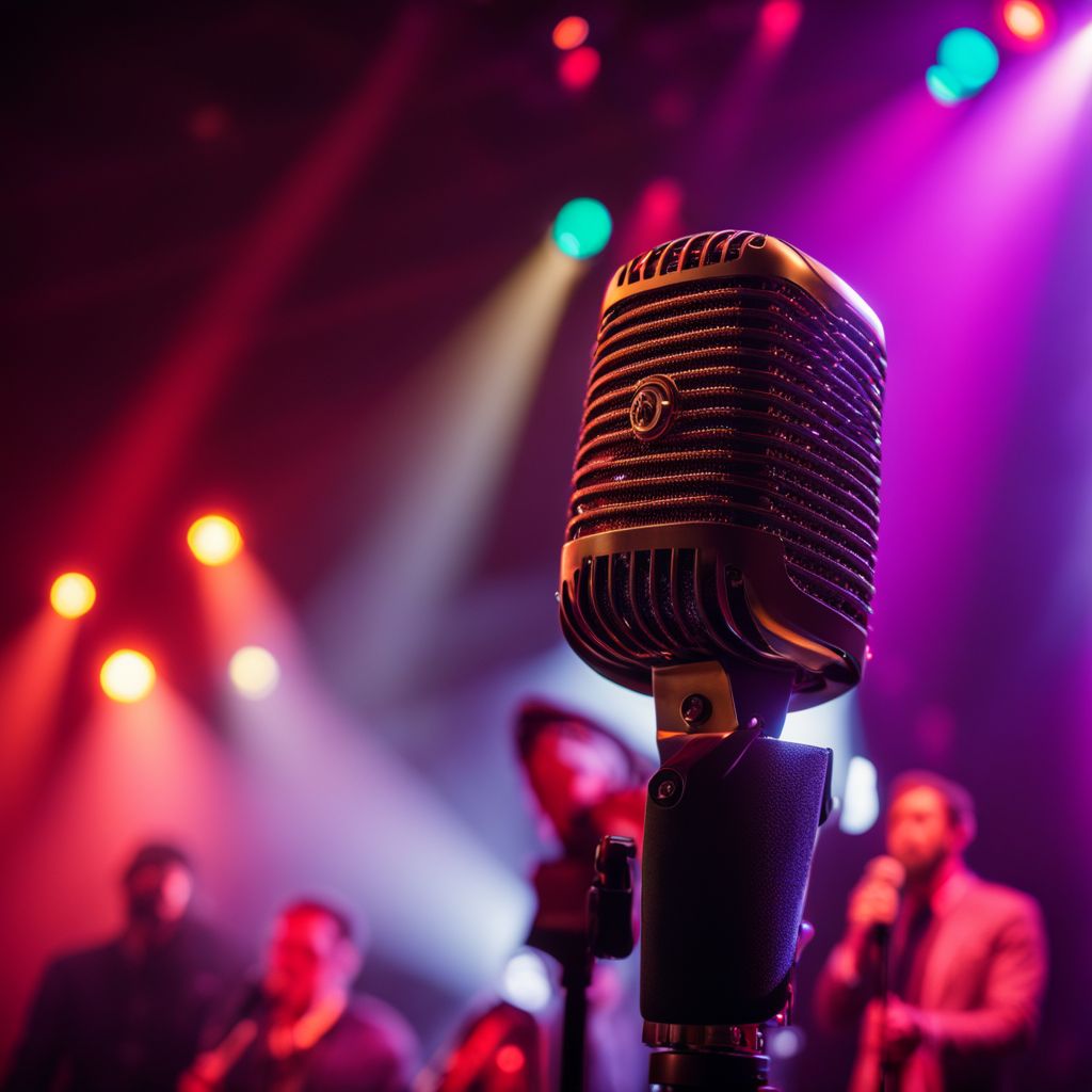 A vintage microphone on a stage with colorful spotlights and a bustling atmosphere.