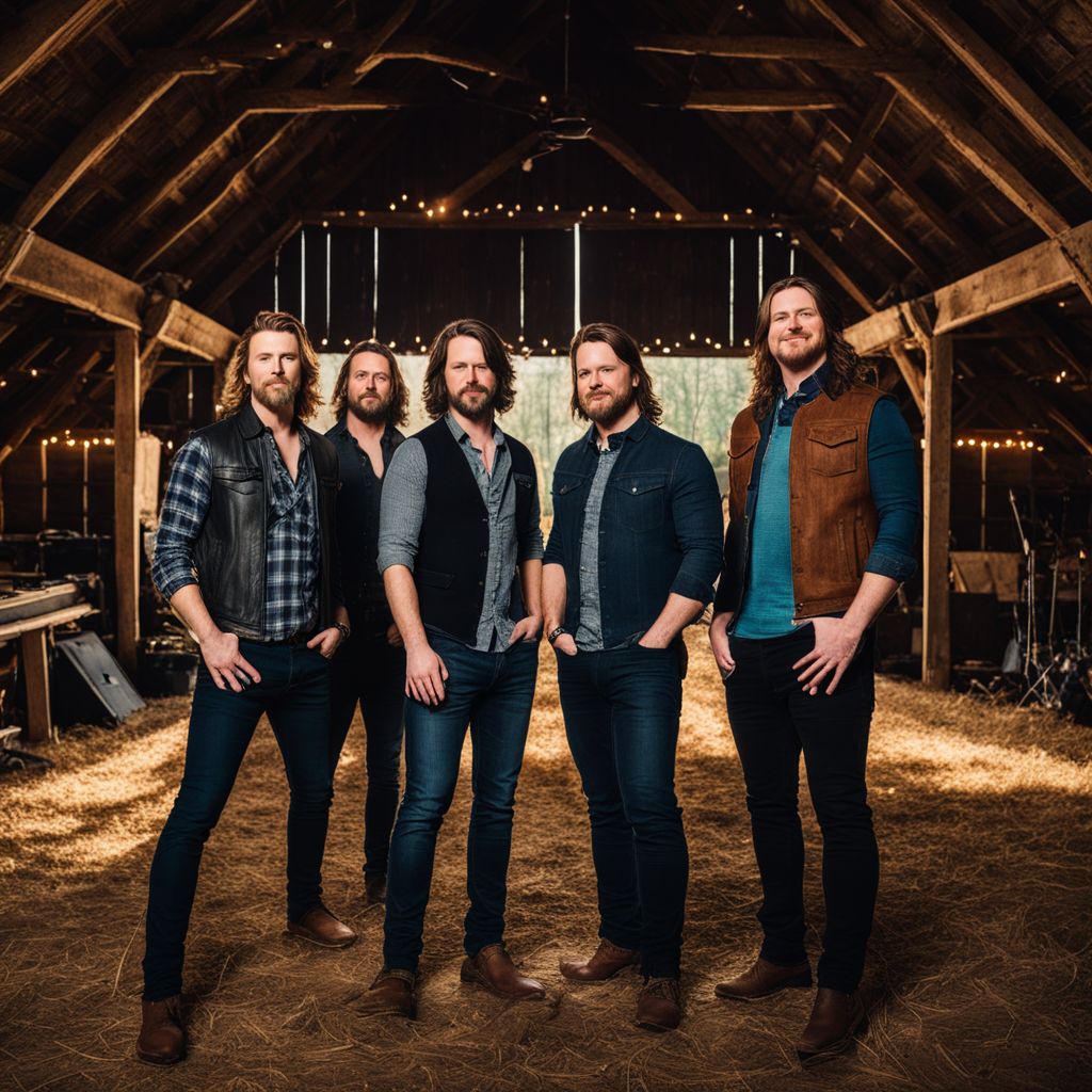 Members of Home Free Vocal Band harmonizing in a rustic barn.