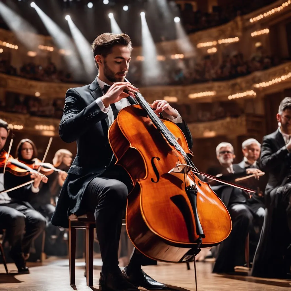 An elegant cellist captivating the audience with a stunning performance.