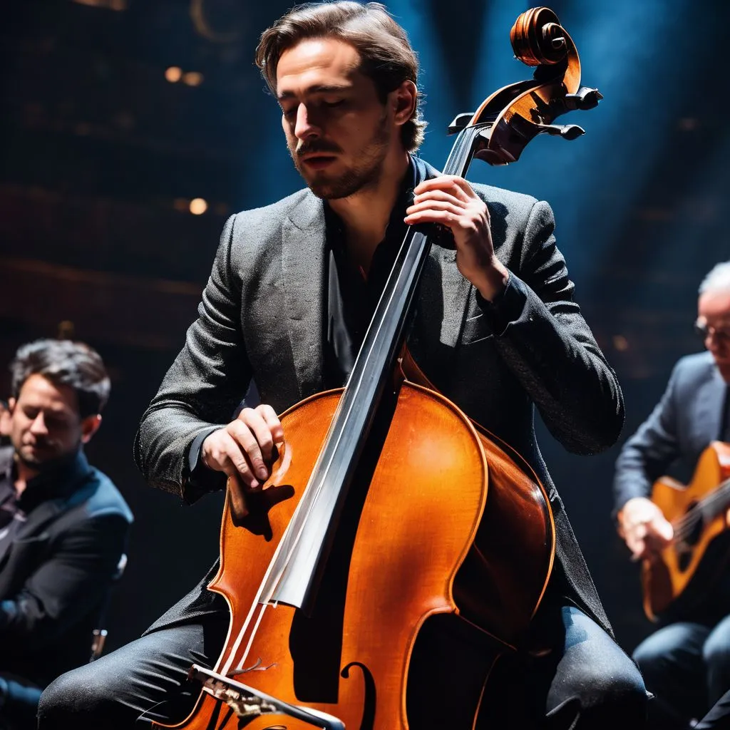 HAUSER playing cello on grand stage in front of captivated audience.