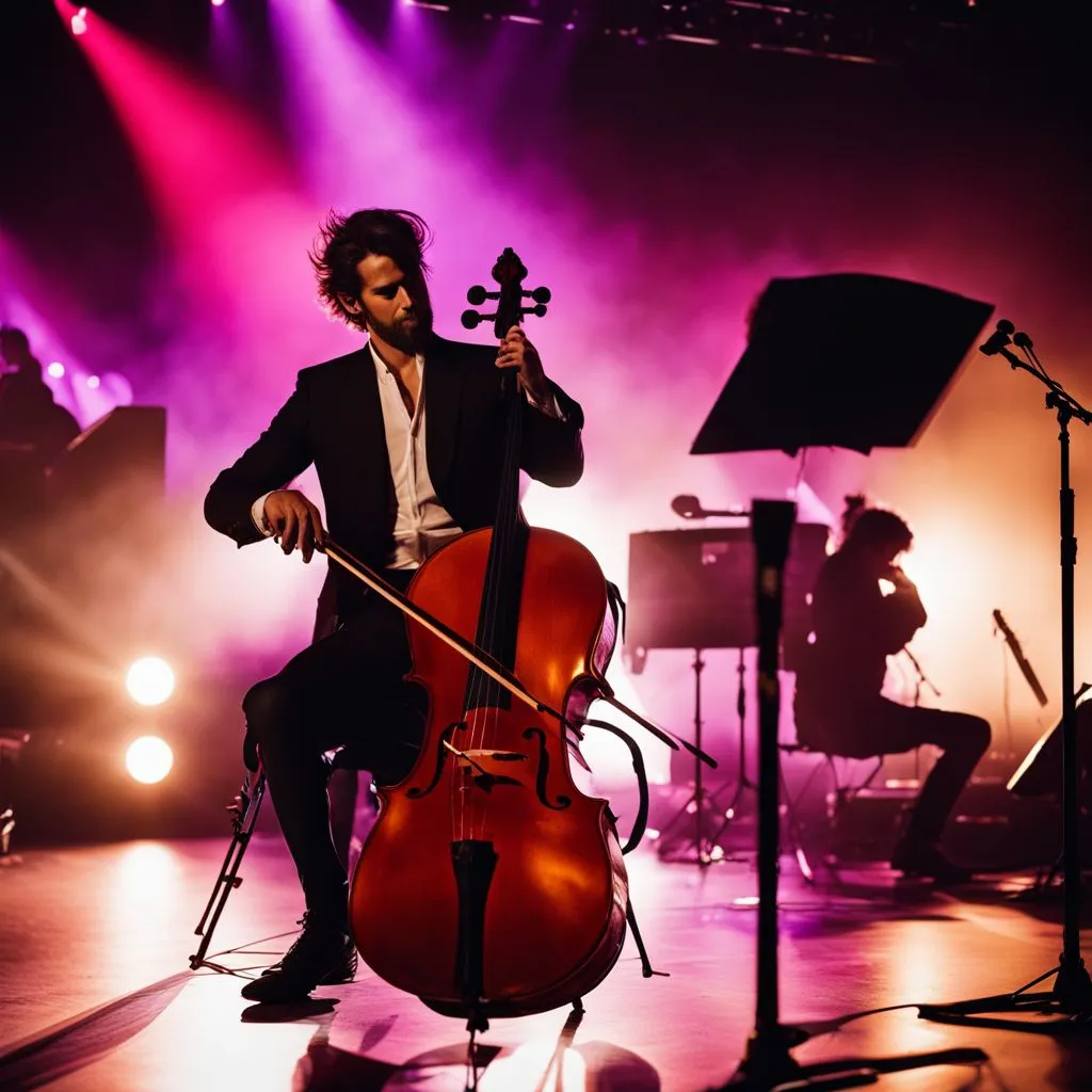 A silhouette of HAUSER playing the cello on a dimly lit stage.