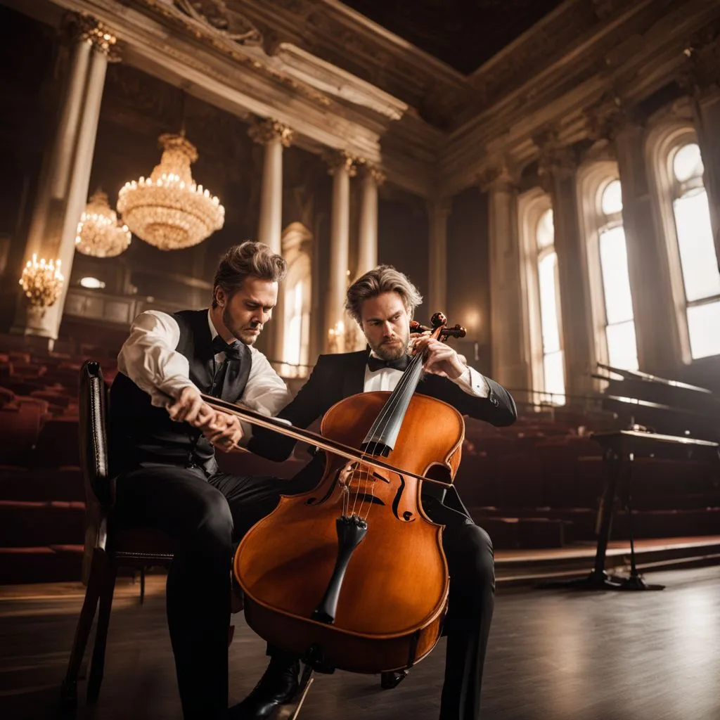 HAUSER playing the cello in a grand concert hall.