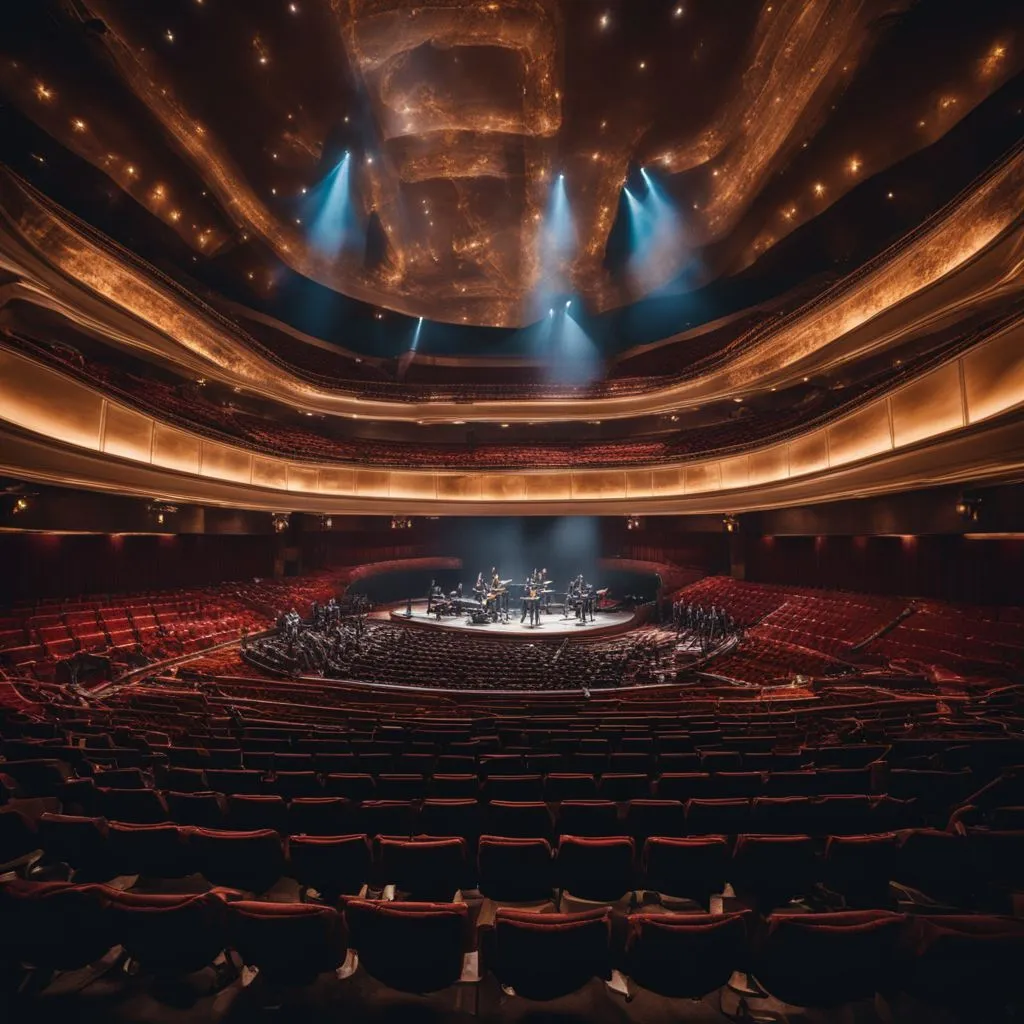 A grand concert hall with empty seats and a spotlight on stage.