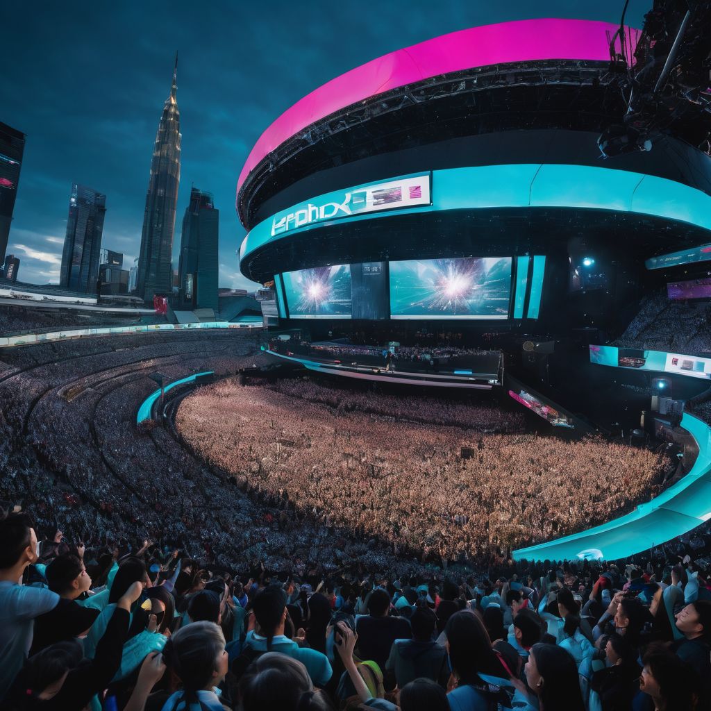 A crowd cheering as Hatsune Miku performs on a futuristic stage.