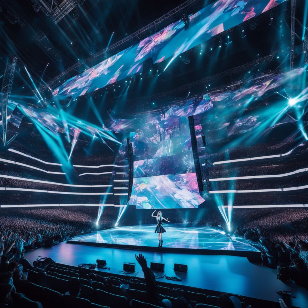 A holographic projection of Hatsune Miku performing on a futuristic stage.