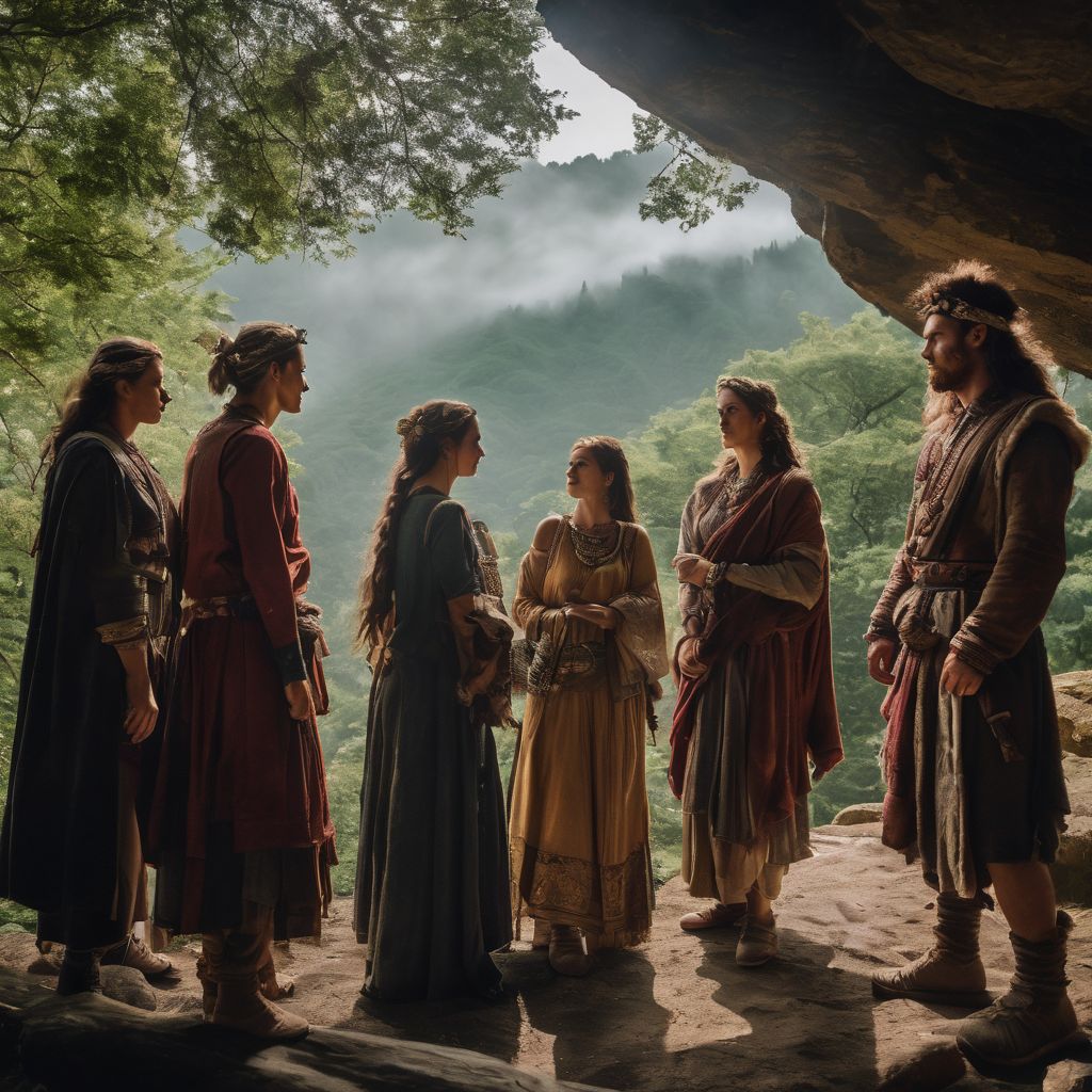 A group of people in ancient clothing surrounded by mystical nature.