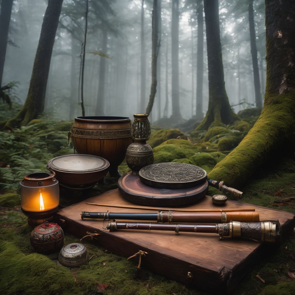 Ancient ritual instruments in a misty forest with diverse people.