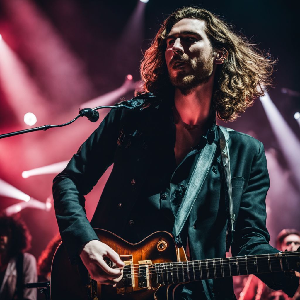 'A packed concert arena during a high-energy Hozier performance captured in vivid detail.'