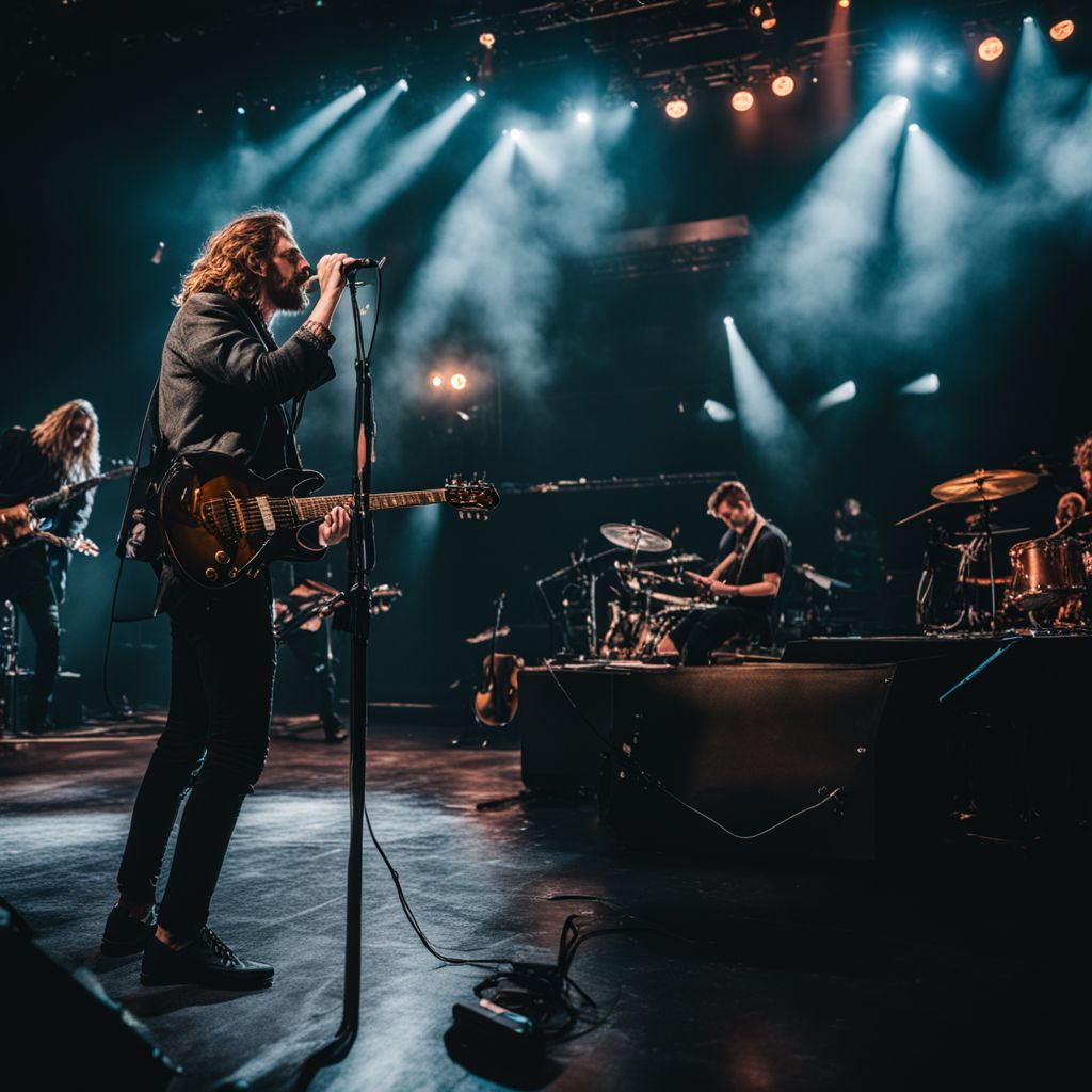 A photo of a Hozier concert stage with futuristic lighting and eco-friendly scenery.