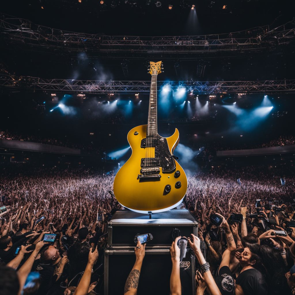 A photo of the iconic Blink-182 guitar on stage with adoring fans.