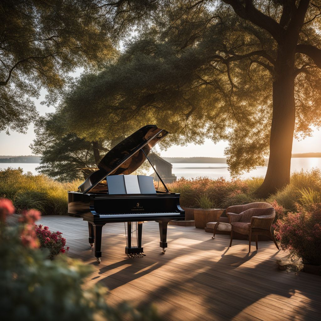 A grand piano placed in a beautiful outdoor setting surrounded by nature.