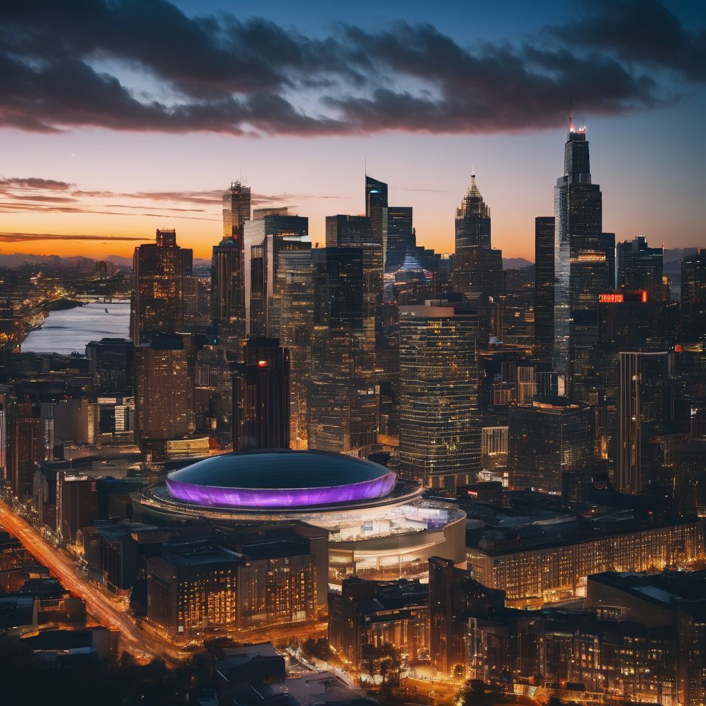 A city skyline at night with a spotlight shining on a concert venue.