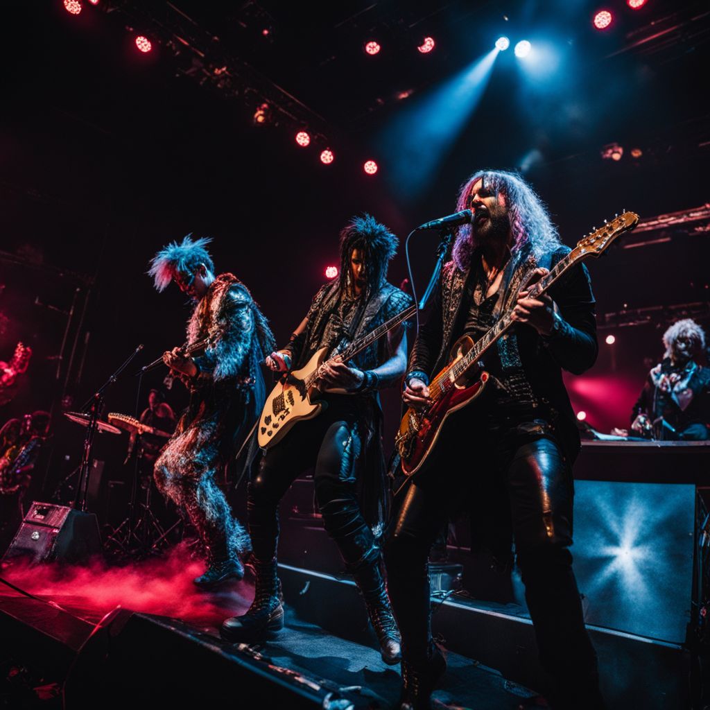 A band in gory costumes performing on a dimly lit stage.