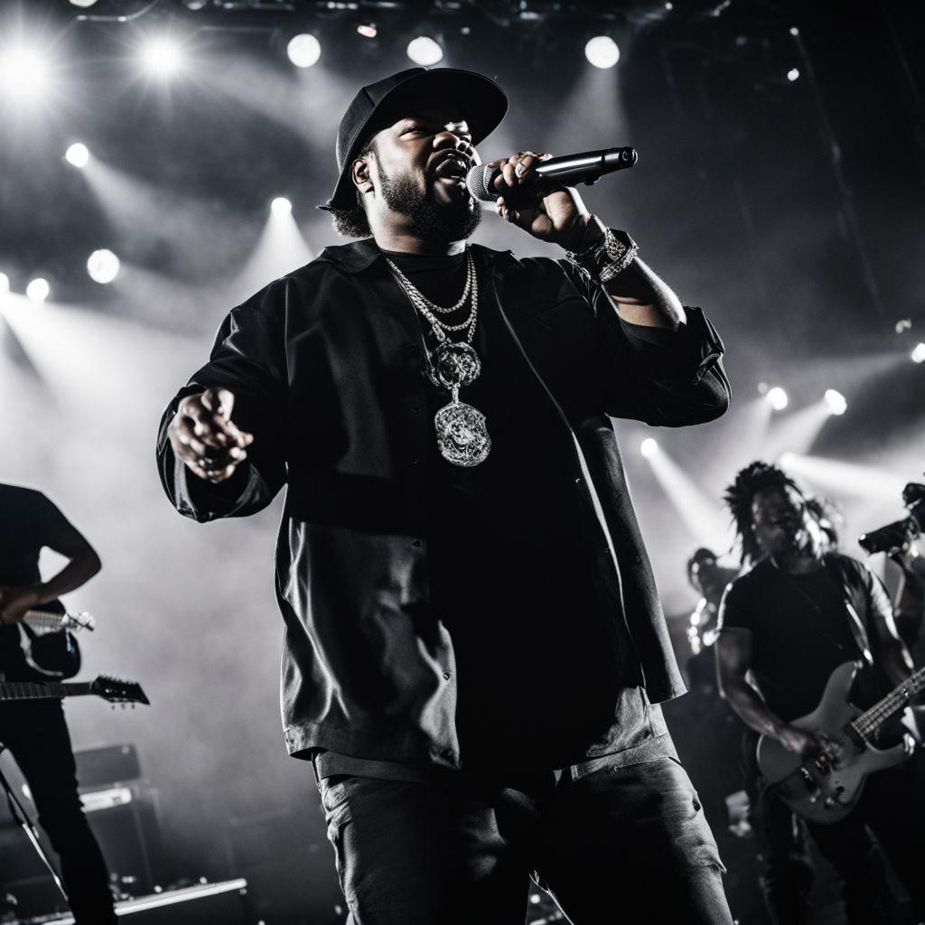 Ice Cube performing on stage in front of a lively crowd.