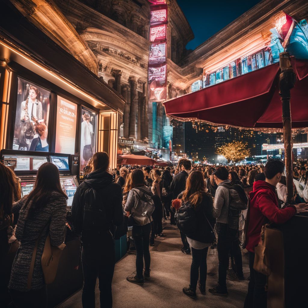 Fans eagerly purchasing concert tickets at a bustling ticket booth.