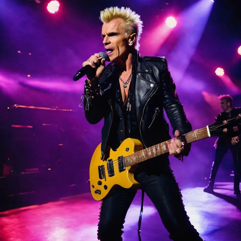 Billy Idol performing on a neon-lit stage in a bustling city.