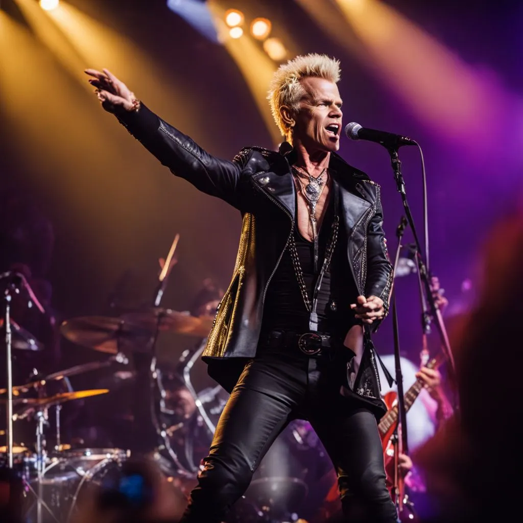 Billy Idol performing on stage in front of a packed concert venue.