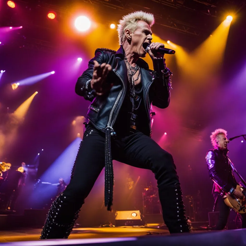 Billy Idol energizing a diverse crowd at a vibrant concert.