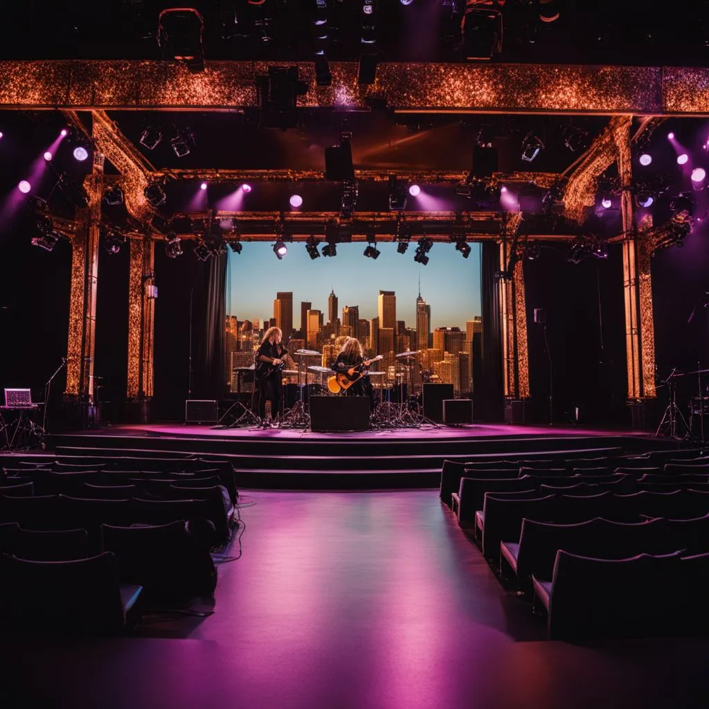 A Stevie Nicks-themed stage set-up with a bustling cityscape backdrop.