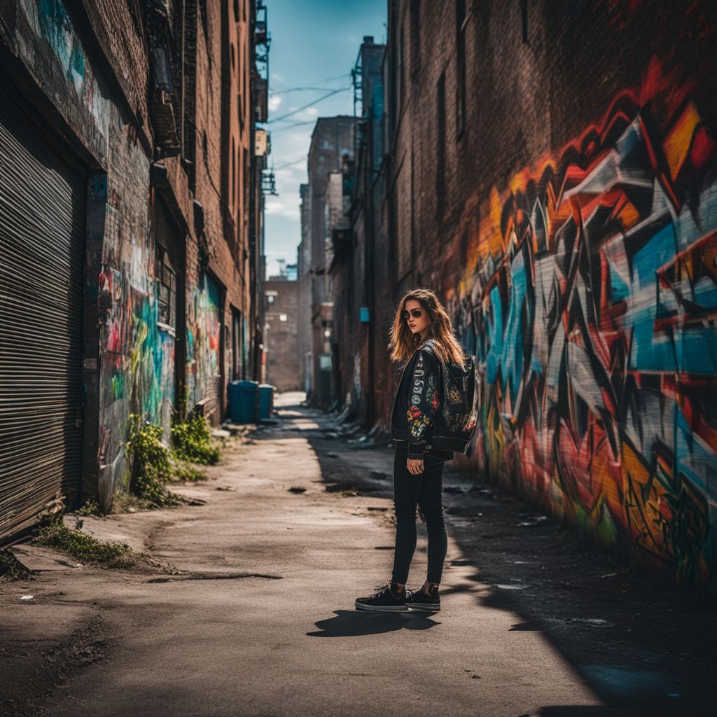 An abandoned urban alleyway with graffiti and bustling atmosphere.