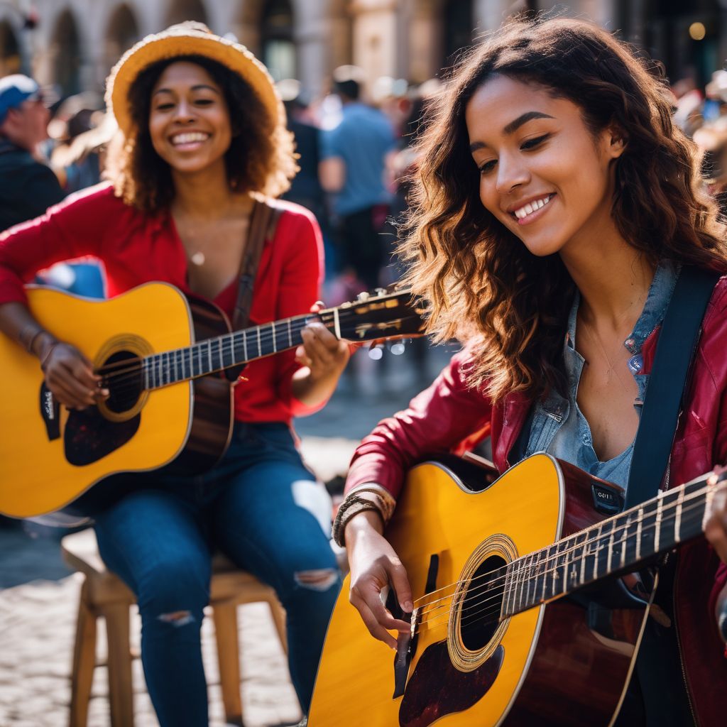 Two women playing guitars at a vibrant protest rally.