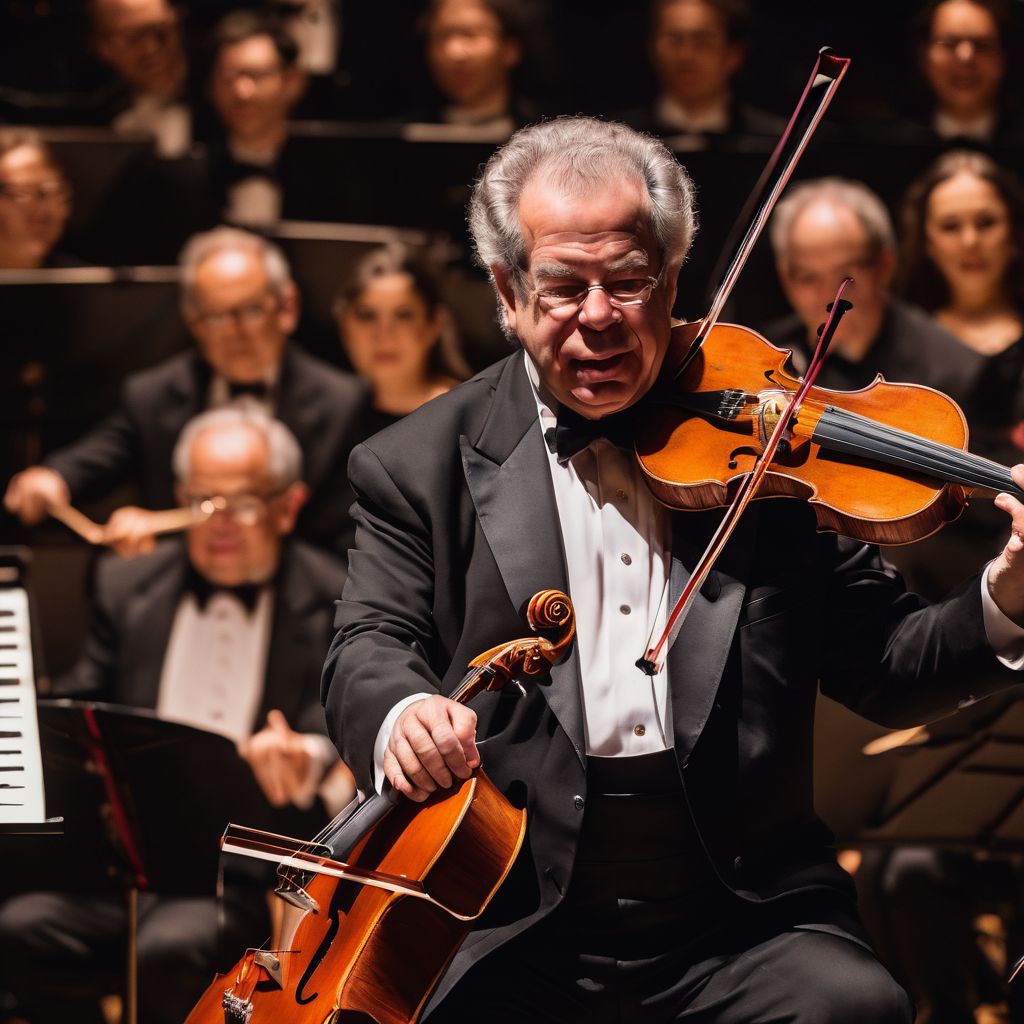 Itzhak Perlman performing with orchestra, concert photography, diverse audience.