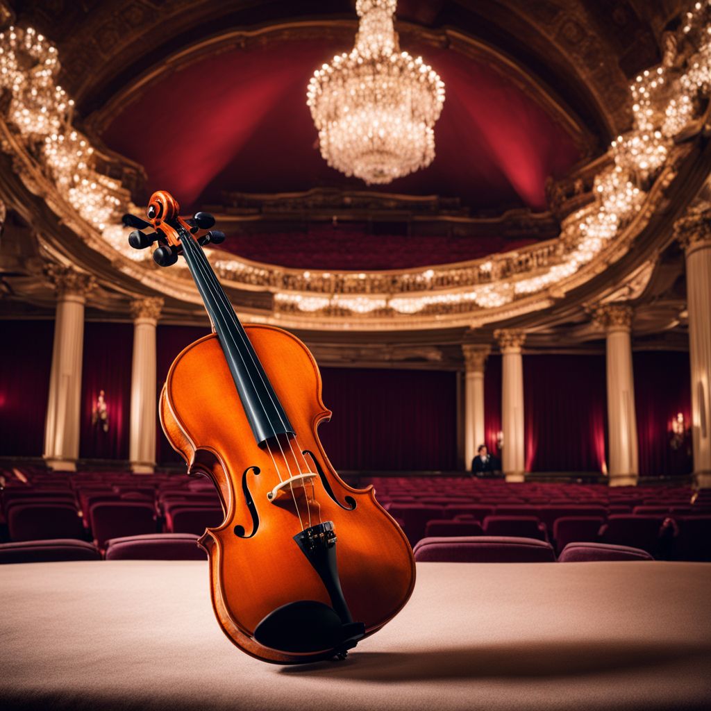 A violin resting on a velvet cushion on a grand stage.