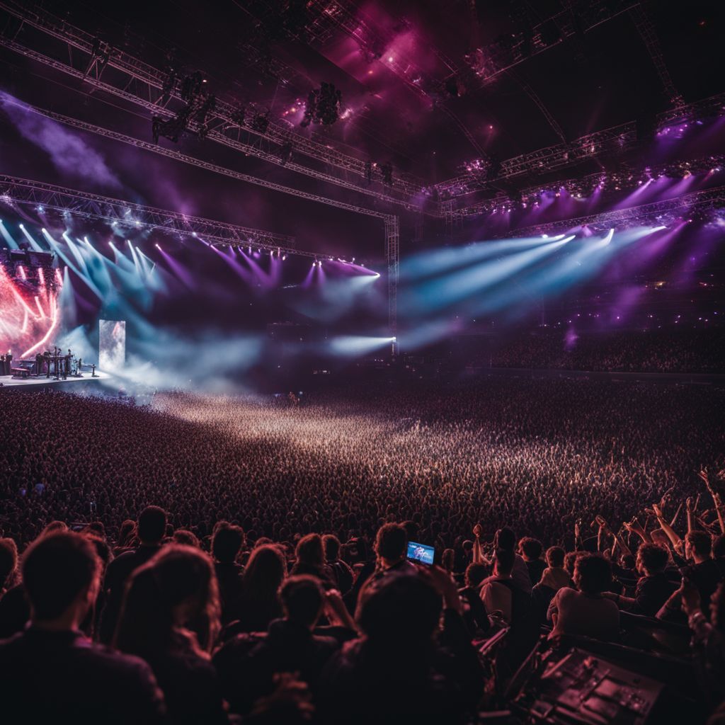 A crowded concert arena with a vibrant and diverse audience.