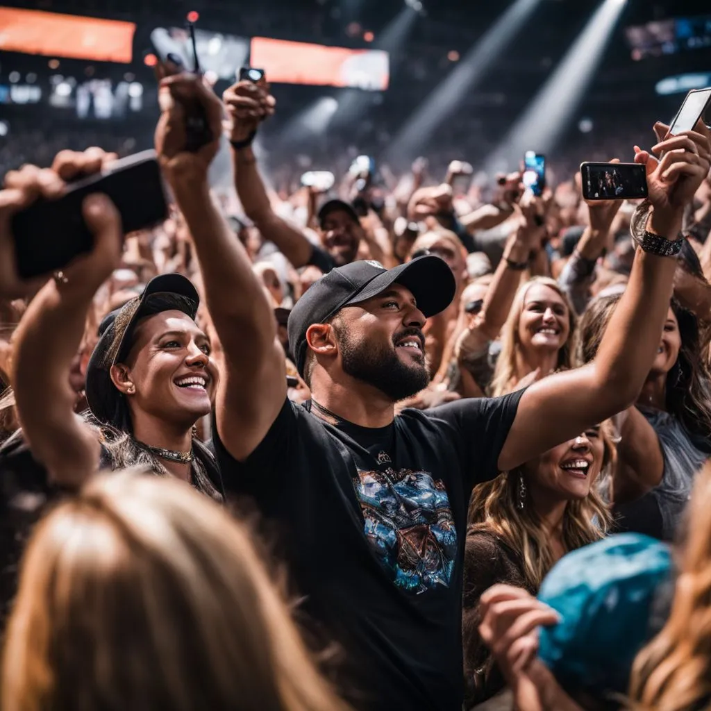 Fans cheering at a Jason Aldean concert with smartphones.