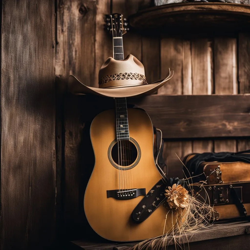 Jason Aldean's iconic cowboy hat and guitar on a rustic stage.
