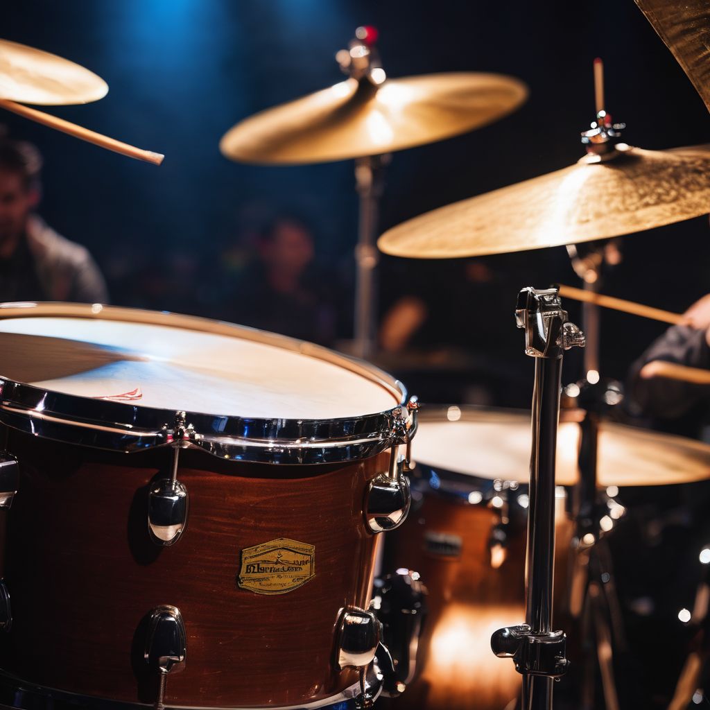 A set of drumsticks on a vintage drum kit surrounded by stage lights.
