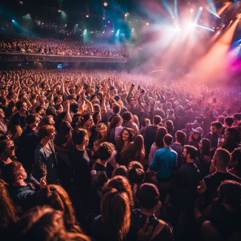 A large crowd of fans at a vibrant concert venue.