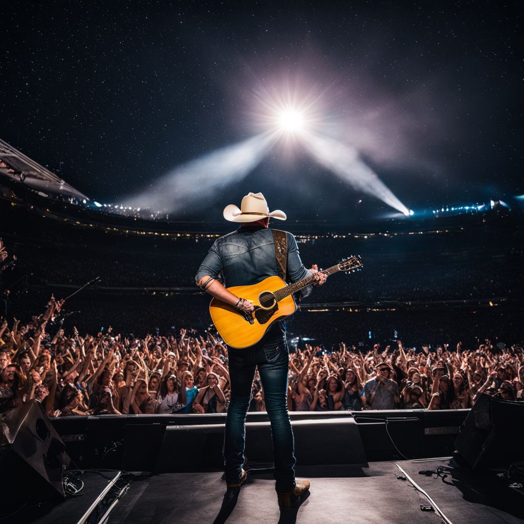A photo of Jason Aldean's guitar on stage at a vibrant concert.