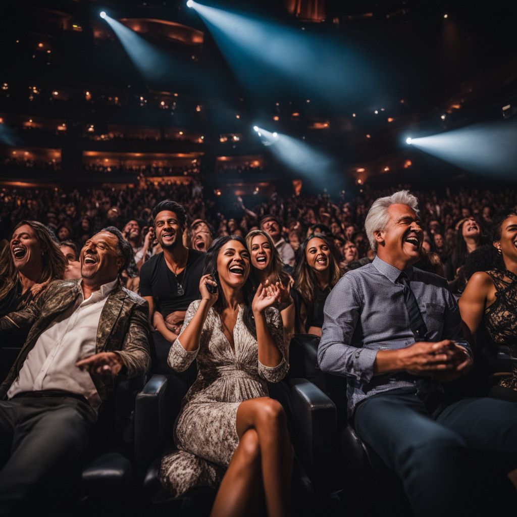 Audience laughing at Jay Leno's stand-up show in a packed theater.