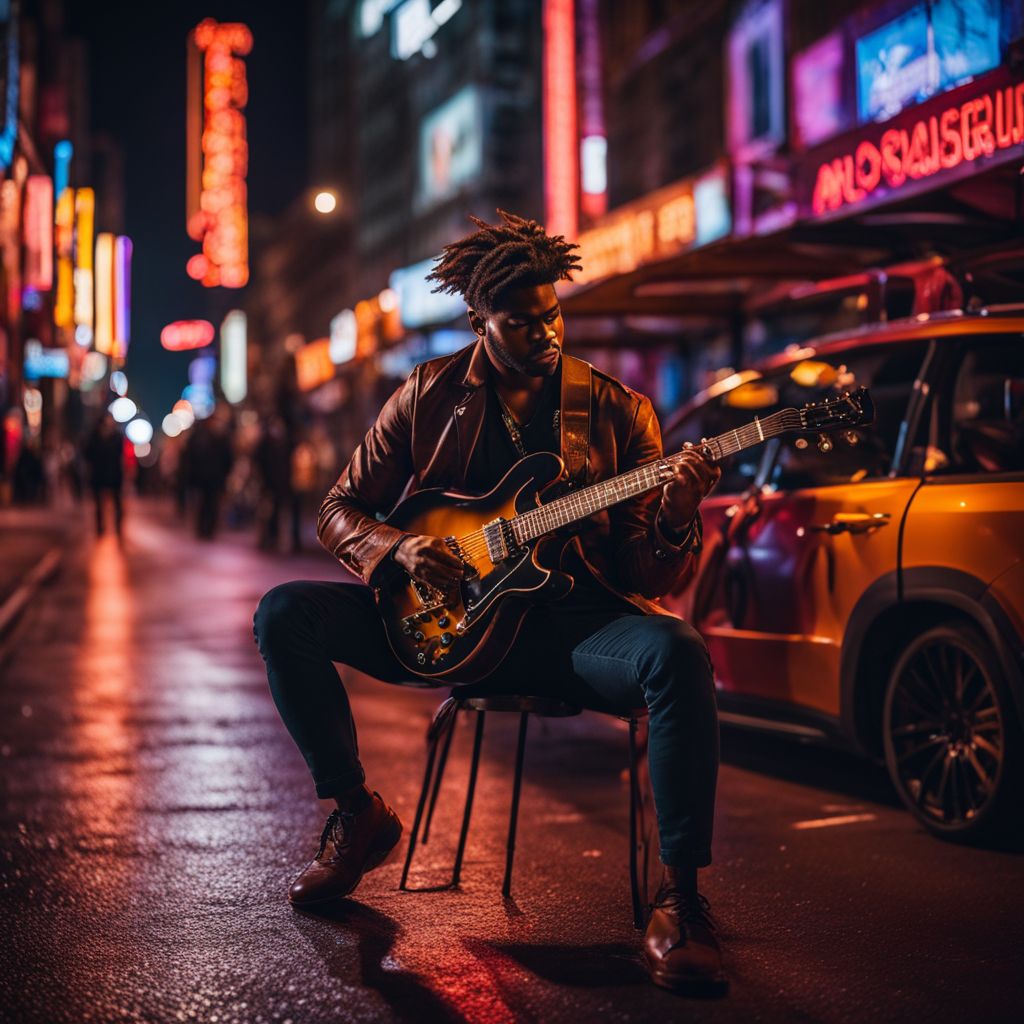 A guitarist playing on a neon-lit city street at night.